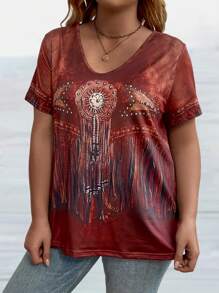 EMERY ROSE Plus Size Women's Vintage Western Style Short Sleeve T-Shirt