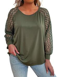 SHEIN LUNE Plus Size Women's Lace Long Sleeve T-Shirt With Round Neckline