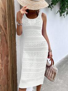 针织休闲沙滩裙，女式春夏纯色圆领无袖开叉下摆紧身迷你连衣裙（随机图案） - 白色 - 查看 5