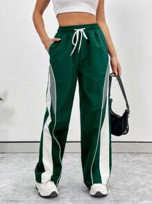 StreetHx Pantalones deportivos casuales de mujer con cintura con cordón y bolsillos, pantalones anchos y rectos de pierna larga de color verde holgados con rayas laterales, para uso casual diario y vuelta al colegio