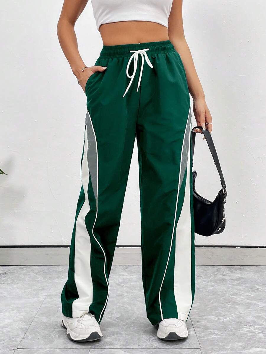 StreetHx 女士抽绳腰口袋拼布休闲运动裤，女士春秋休闲抽绳、口袋、侧条纹自然直筒阔腿长绿色宽松裤，休闲日常穿着，返校 - 綠色 - 查看 1