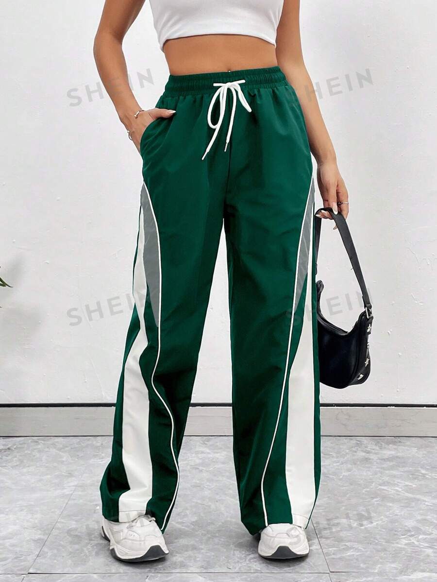 StreetHx Pantalones deportivos casuales de mujer con cintura con cordón y bolsillos, pantalones anchos y rectos de pierna larga de color verde holgados con rayas laterales, para uso casual diario y vuelta al colegio