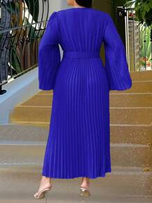 SHEIN Belle Women's Plus Size Solid Color V-Neck Dress With Cinching Waist & Flare Sleeves - Blue - View 2