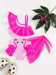 SHEIN Baby Girl One-Piece Fly Edge Swimsuit With Matching Triangular Scarf To Prevent Buckling - Multicolor - View 1