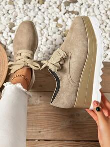 Women's Chunky Platform Lace-Up Suede Oxfords, Khaki Color, Fashionable Casual Waterproof Increased Height Wedge Shoes For Vacation & Daily Wear