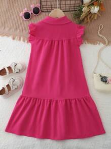 SHEIN Vestido Sólido De Manga Larga Para Niñas De Entre 8 Y 14 Años Con Dobladillo De Volantes Y Botones En La Parte Delantera