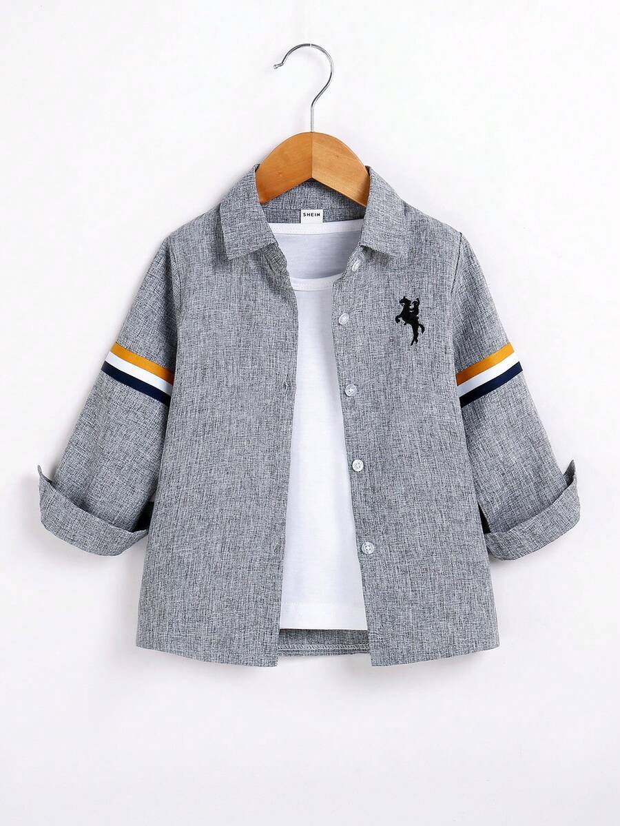 SHEIN 男童拼色鈕扣襯衫，下擺口袋設計，配有翻領 - 灰色 - 查看 1
