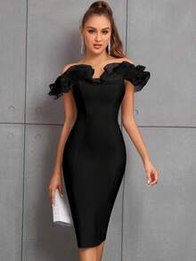 Off-Shoulder Exaggerated Ruffle Mesh Patchwork Bodycon High Waist Cocktail Midi Bandage Dress - Black - View 6