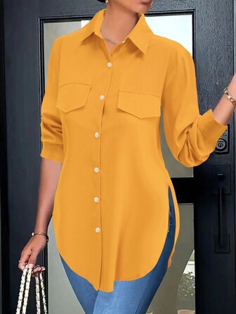 时尚女式侧开衩下摆仿口袋休闲衬衫