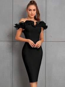 Off-Shoulder Exaggerated Ruffle Mesh Patchwork Bodycon High Waist Cocktail Midi Bandage Dress - Black - View 5