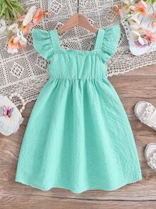 SHEIN Young Girl Square Neck Flower Embroidery Ruffle Armhole Dress - Cadet Blue - View 2