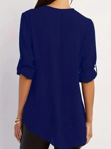 Women's Fashion Solid Color Short Sleeve Zip-Up Modest Shirt - Navy Blue - View 2