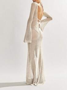 Women's Plain Long Sleeve Casual Long Cover Up, Sexy Backless Beach Dress - 白色 - 查看 6