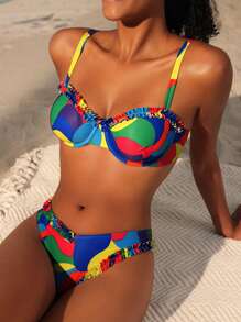 SHEIN Swim 夏季海灘對比邊飾荷葉邊裝飾比基尼套裝