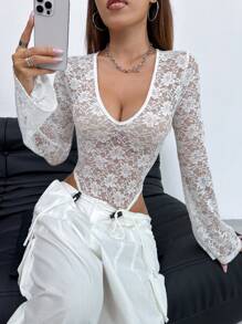 VaVaBold See-Through Lace High Leg Cut Bell Sleeve Bodysuit - White - View 5