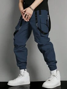 Manfinity EMRG Men Contrast Tape Flap Pocket Drawstring Waist Cargo Trousers - Navy Blue - View 1