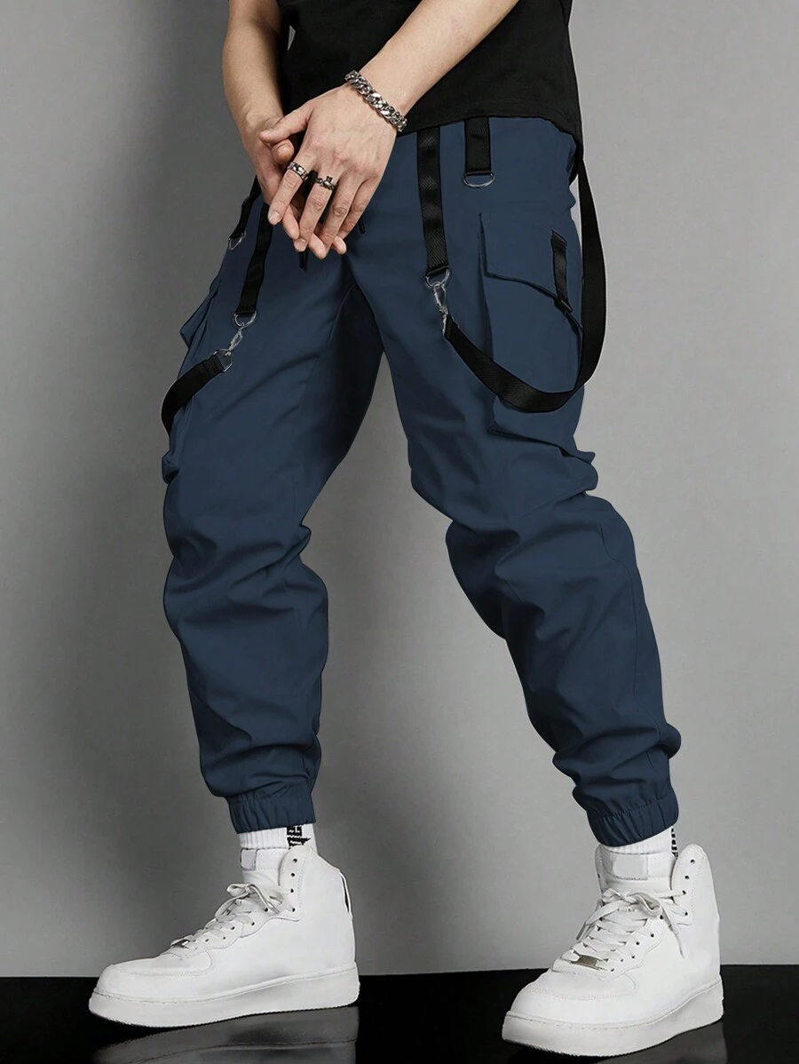 Manfinity EMRG Men Contrast Tape Flap Pocket Drawstring Waist Cargo Trousers - Navy Blue - View 1
