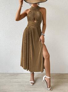 Chiquease A-Line Halter Neck Cross Straps Bandage Lace Up Cut Out Side Slit Pleated Sexy Dress For Summer