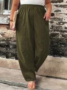 Breezaya Plus Dual Pocket Wide Leg Pants - Army Green - View 1