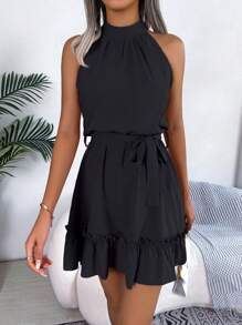 New Spring/Summer Solid Color Lace-Up Waist Ruffle Hem Sleeveless Mini Halter Dress, Little Black Dress - Black - View 5