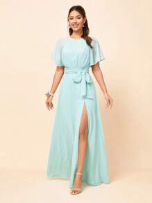 SHEIN Belle Elegant,Light Blue,Spring,Bridesmaid,Wedding Chiffon Dotted Dress, Backless Bow Tied See-Through Flying Sleeves High Slit A-Swing Prom Graduation - Green - View 2
