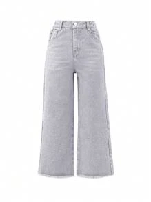 SHEIN TWEEN GIRL Phong cách đại học Retro Thời trang đường phố hiện đại Quần jean culotte cắt ngắn, eo co giãn, viền sờn, thiết kế râu mèo, 5 túi, chiều dài 9/10, món đồ phải có cho cả mùa để có vẻ ngoài thời trang và linh hoạt - Rửa nhẹ - Xem 1