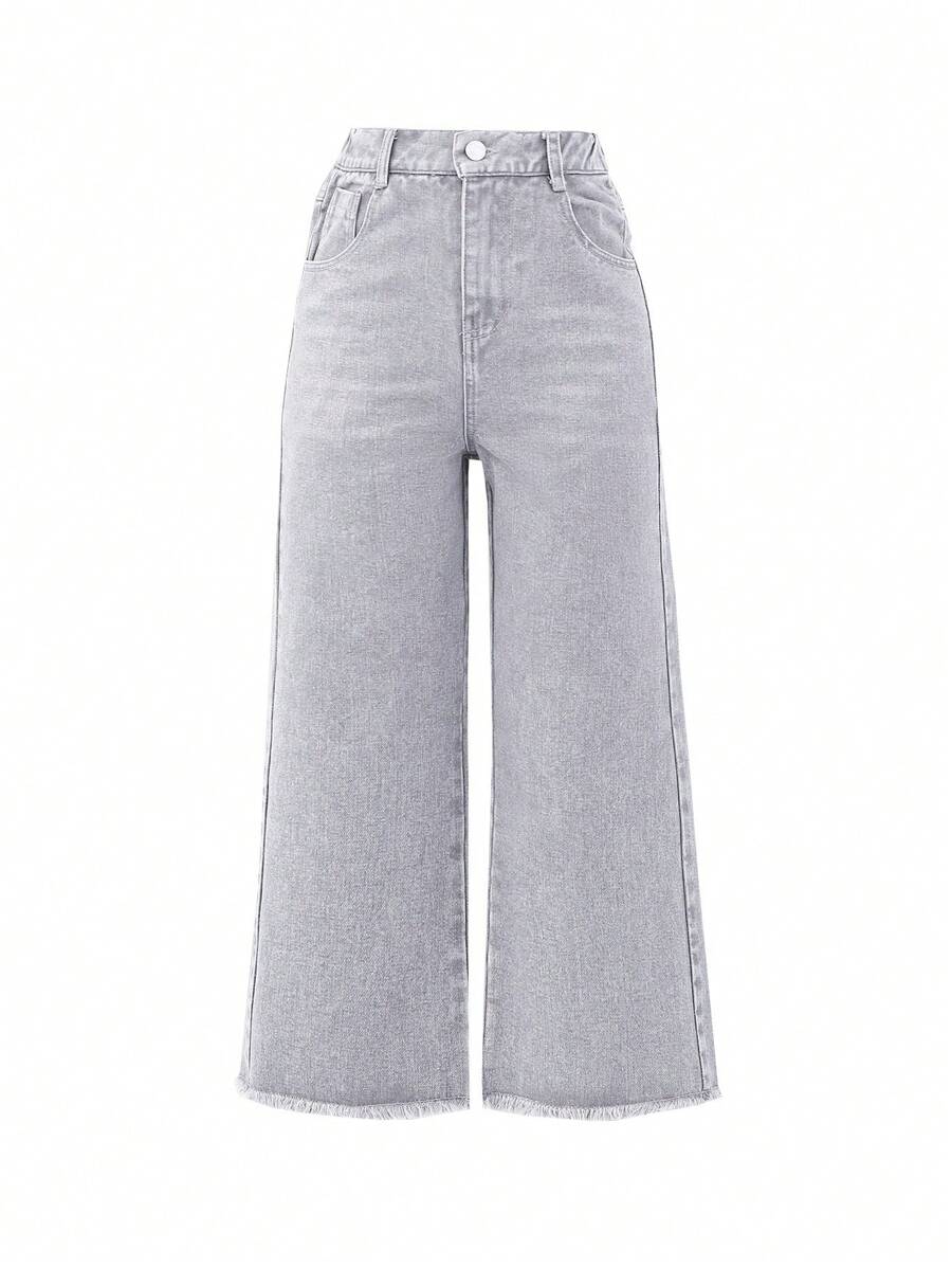 SHEIN TWEEN GIRL Phong cách đại học Retro Thời trang đường phố hiện đại Quần jean culotte cắt ngắn, eo co giãn, viền sờn, thiết kế râu mèo, 5 túi, chiều dài 9/10, món đồ phải có cho cả mùa để có vẻ ngoài thời trang và linh hoạt - Rửa nhẹ - Xem 1