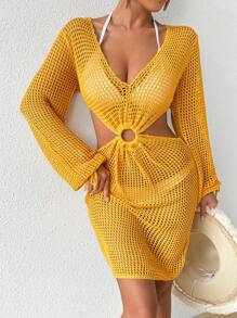 SHEIN Swim Vacation Solid Color Hollow Out Knit Cover Up Summer