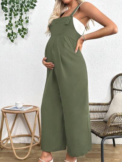 SHEIN Pregnant Women's Solid Color Sleeveless Jumpsuit With Wide Straps For Maternity