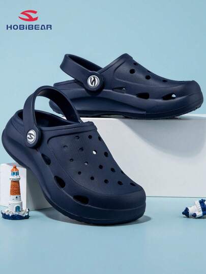 1 Pair Hobibear Cute Soft Comfortable Hollow Clog Sandals, Fashion Toddler Kids Summer Beach Shoes, Flat, Deeper Blue Color