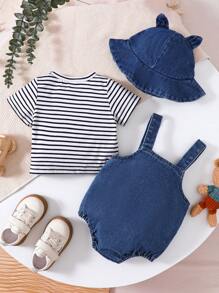 SHEIN Conjunto De Camiseta Casual De Manga Corta A Rayas Y Pantalones Cortos Con Tirantes De Oso De Peluche Para Bebé Niño, Verano