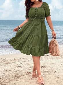 Breezaya Plus Size Summer Holiday Solid Textured Waist-Cinching Dress