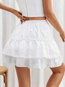 SHEIN Frenchy 女士刺繡立體花荷邊白色裙子，仙氣白色裙子，夏季白色裙子，婚禮季 - 白色 - 查看 4