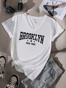 INAWLY Camiseta de manga corta con cuello en V y estampado de letras, informal, top gráfico de verano para mujer