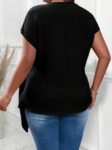 SHEIN LUNE Plus Size Crinkled Texture Fabric Crossover Wrap Knotted Side Short Sleeve Casual Commuter Shirt - Black - View 2
