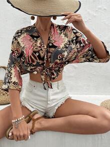 SHEIN VCAY Summer Vintage Printed Batwing Sleeve Cropped Blouse - Black - View 6