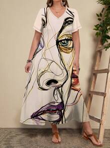 EMERY ROSE 女士夏季休閒抽象印花大碼連衣裙，附有口袋