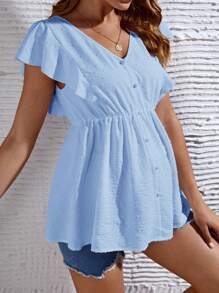 SHEIN 孕婦v領純色褶邊蕾絲修飾上衣 - 藍色 - 查看 5