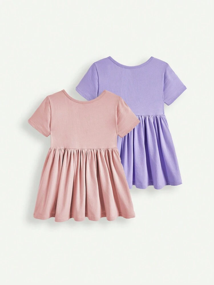 Baby Girl Solid Color Round Neck Short Sleeve A-Line Dress With Waistband, 2pcs/Set