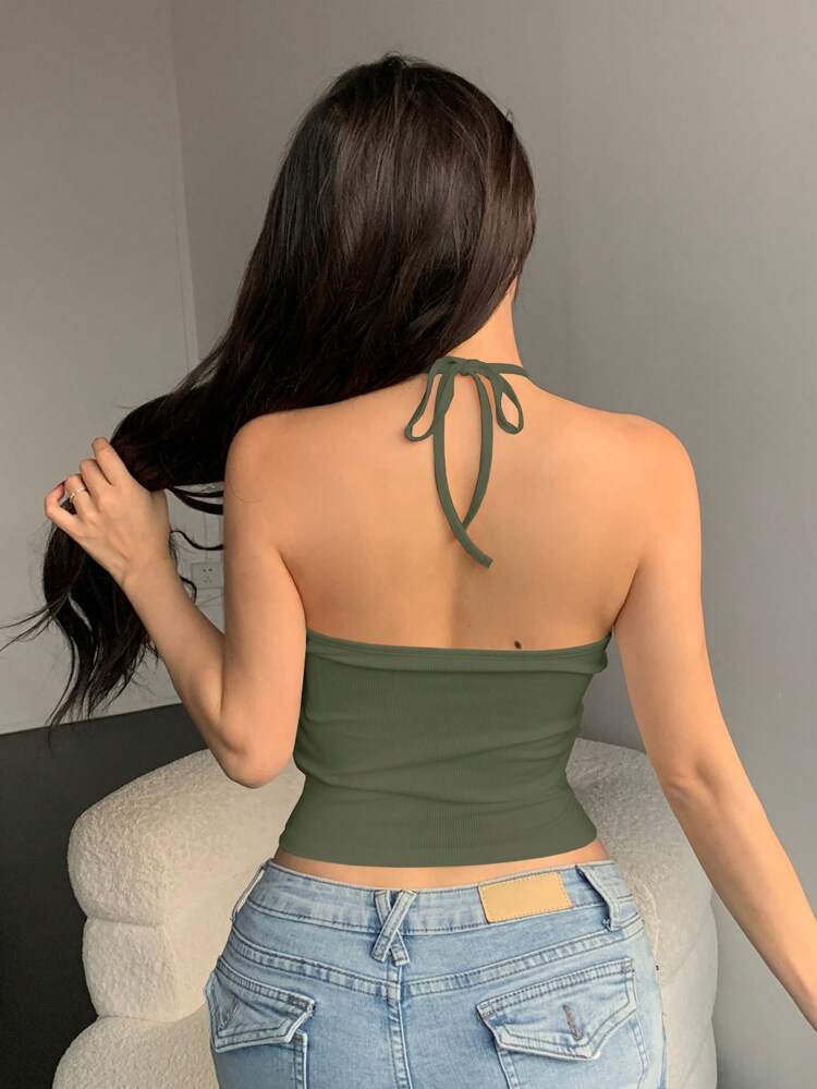 Women's Summer Solid Color Slim Fit Cropped Halter Top With Hollow Out Design Going Out Tops