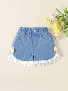 Baby Girl's Cute & Comfortable Casual Denim Shorts With Ruffle Hem And Pockets - Light Wash - View 1