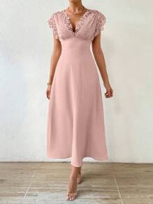 Chiquease Women's Summer Solid Color Lace Patchwork Empire Waist Dress - Pink - View 6