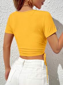 SHEIN Essnce Knitted Solid Color V-Neck Side Drawstring Crop Top, Summer Casual Wear - Yellow - View 2