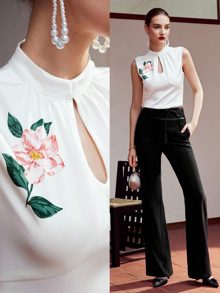 FLORAL PRINT KEYHOLE NECK TANK TOP