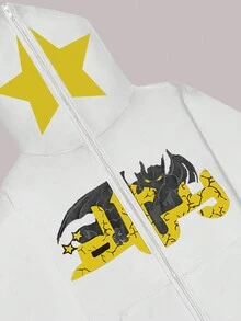 SHEIN EZwear Women's Autumn Winter Hooded Zipper Sweatshirt With Cartoon Characters & Stars Print - White - View 3