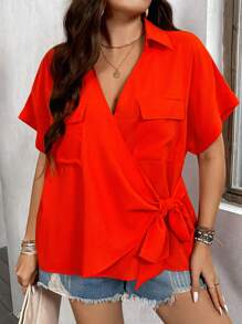 SHEIN LUNE Kích thước lớn Thắt lưng Bọc Vòng cổ & Túi Sành điệu Giải trí trái cam Áo sơ mi Đối với Mùa xuân/Mùa hè - trái cam - Xem 6