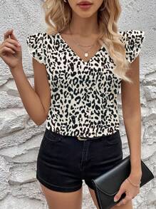 SHEIN Clasi 夏季休閒女士V領荷葉邊裝飾修身襯衫 - 杏色 - 查看 1