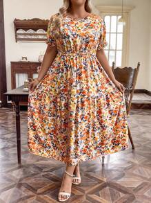 SHEIN LUNE Vestido largo de talla grande con cintura fruncida y estampado aleatorio para vacaciones de verano - Naranja - Ver 4
