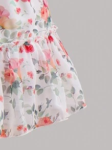 SHEIN Young Girl Fashionable And Elegant Floral Print Sweet Vacation Off-The-Shoulder Top With Ruffled Hem Skirt Two-Piece Set - Multicolor - View 5