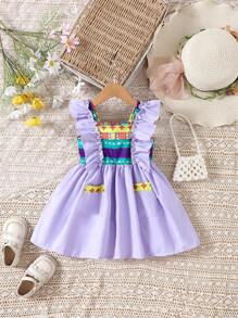 Baby Girls' Printed Patchwork Ruffle Edge Romper Dress For Summer - Purple - View 1